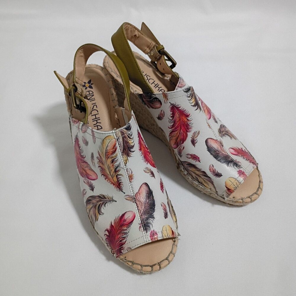 Anuschka Leather Women's US 6 Feather Printed Espadrille Wedge